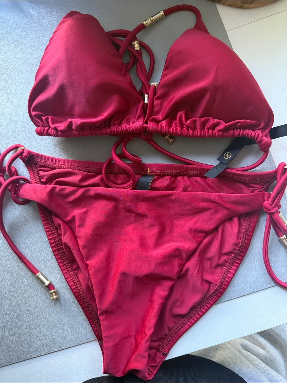Adjustable Red Triangle String Bikini Set with Gold Accents